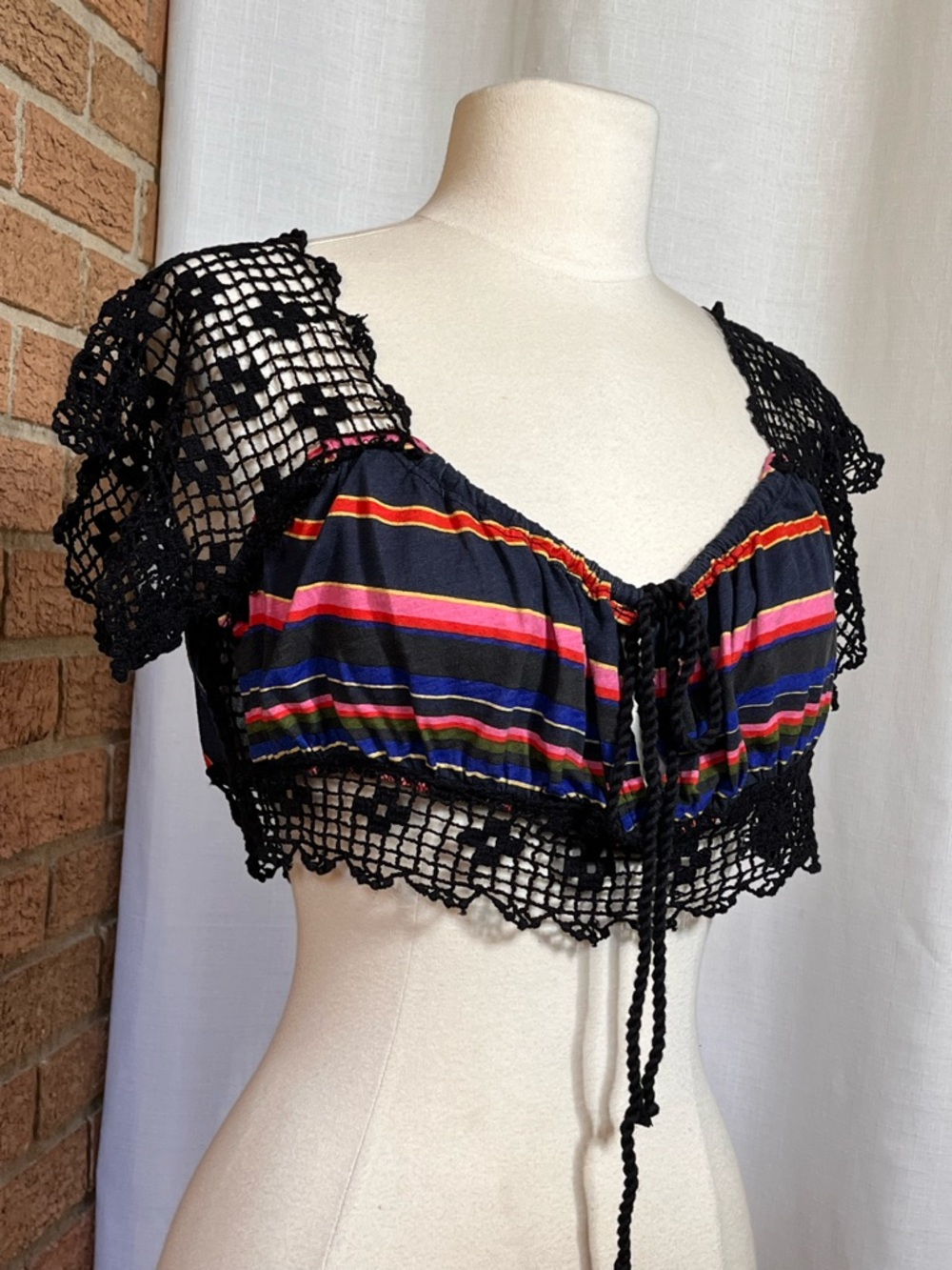 Free People Aruba Crochet Crop Top Boho Striped Black Size S - Picture 3 of 9
